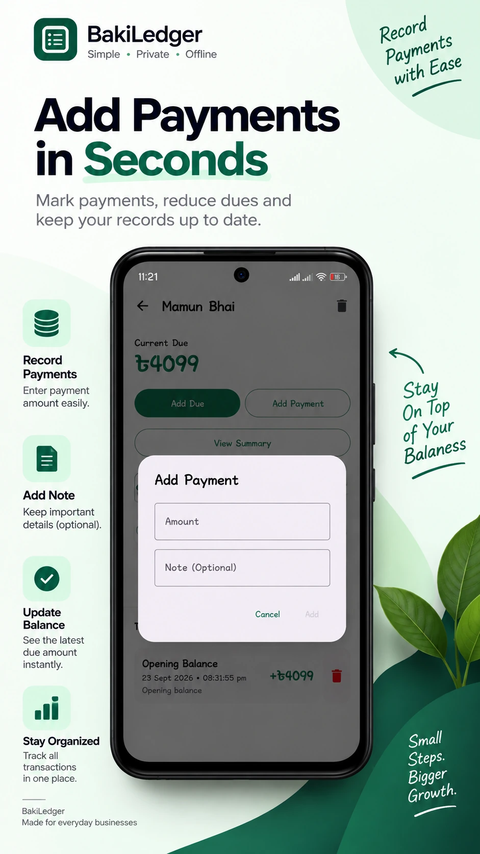BakiLedger Add Payment screen for recording a payment