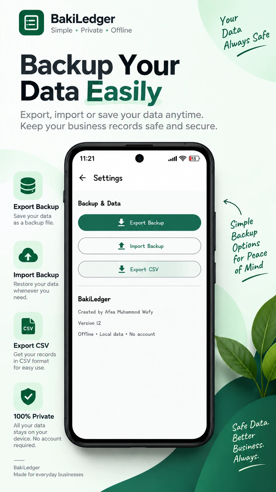 BakiLedger Settings screen with local backup and CSV export